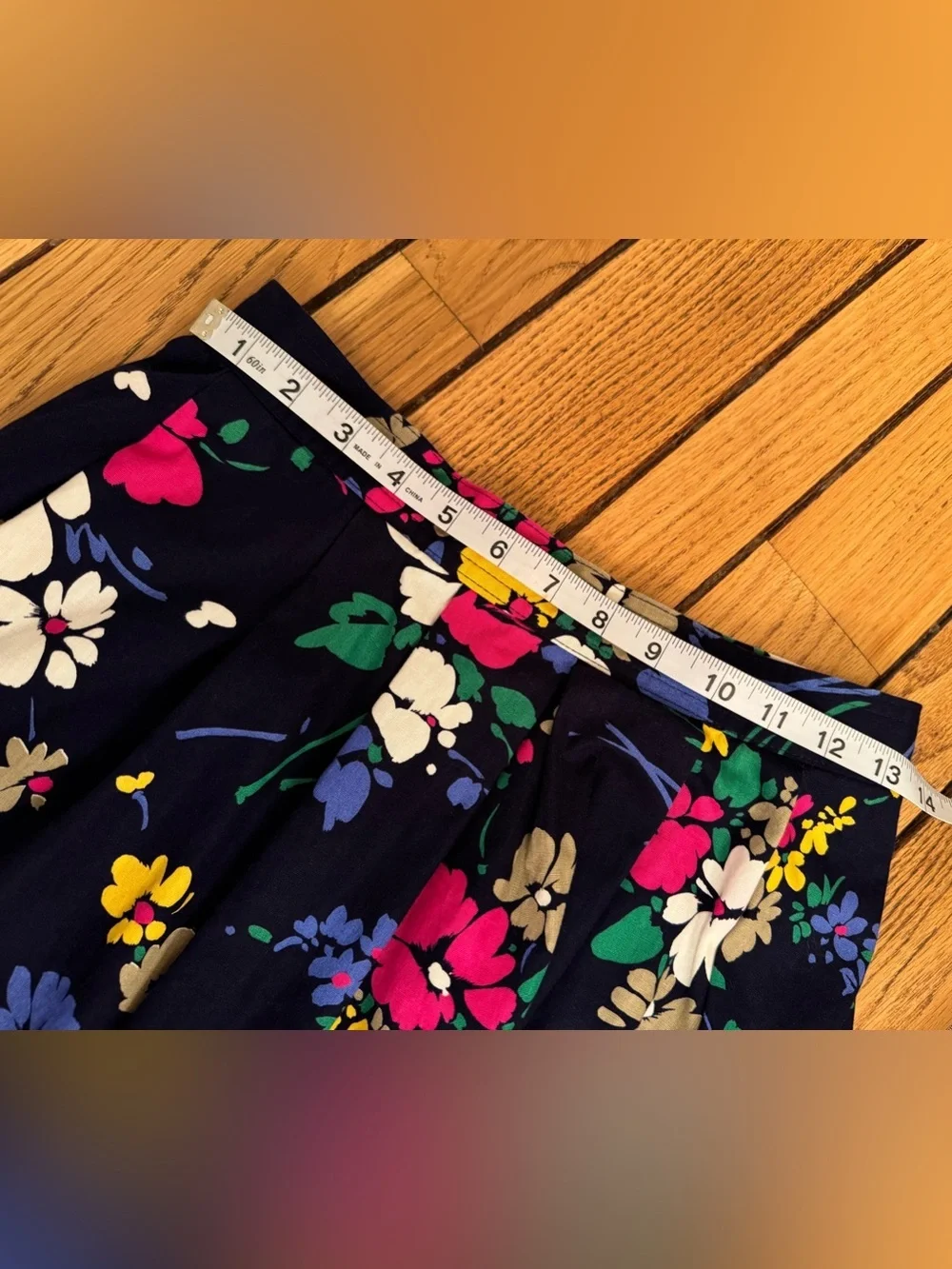 Vintage Aston Navy Floral A-Line Midi Skirt with Pink, White, Yellow & Green
